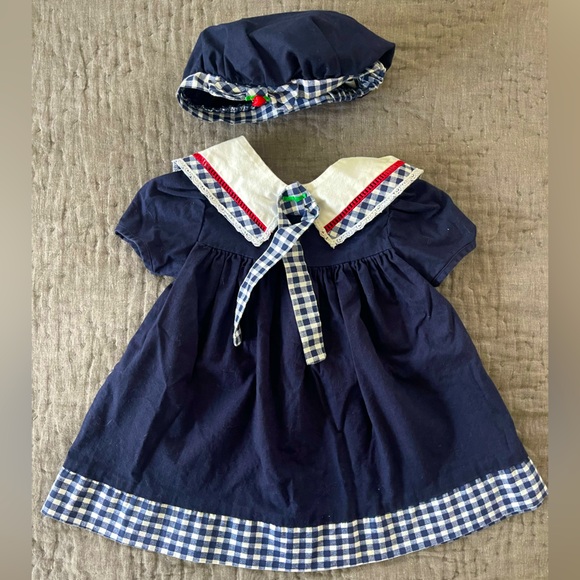 Vintage Other - Vintage Navy White Dress & Cap Matching Set Rosettes 2T Cotton Gingham Collar